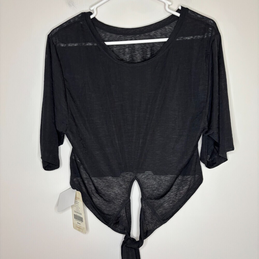 FABLETICS NEW Ryan Short Sleeve Tie Up Tee Womens L (10) Black Flowy Sheer Slub
